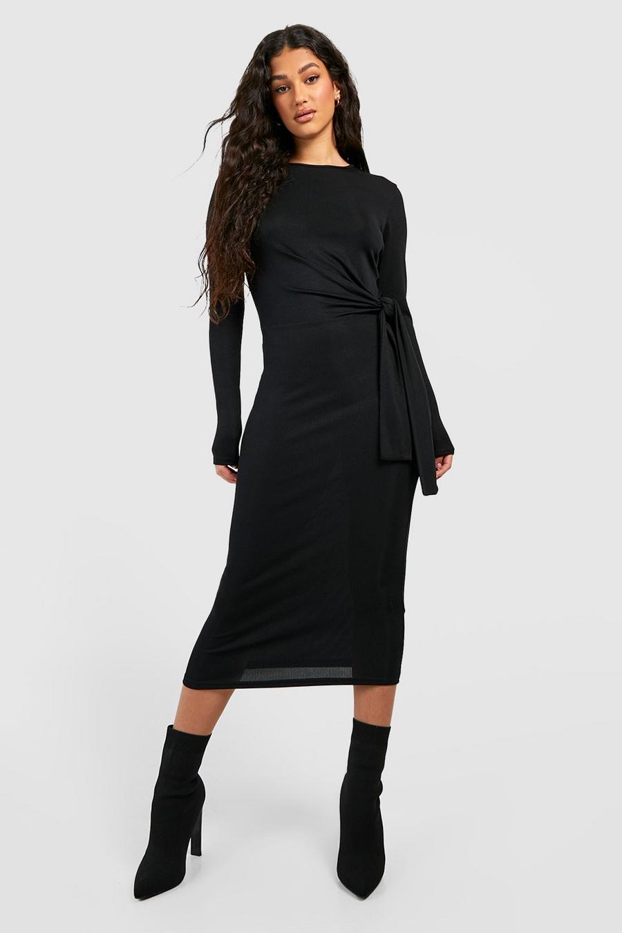 Black Long Sleeve Drape Midi Dress