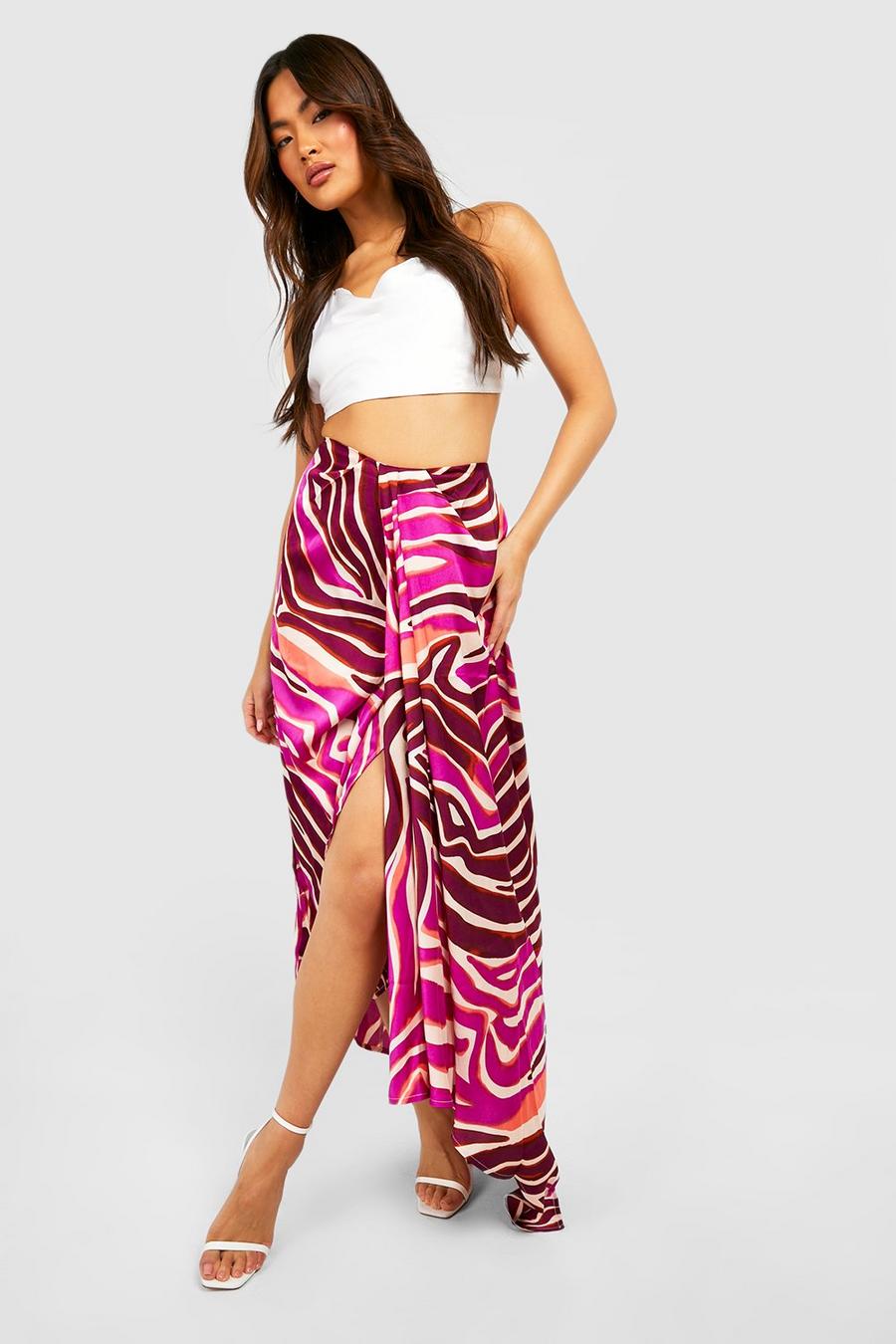 Pink rosa Premium Zebra Satin Asymmetric Hem Maxi Skirt image number 1