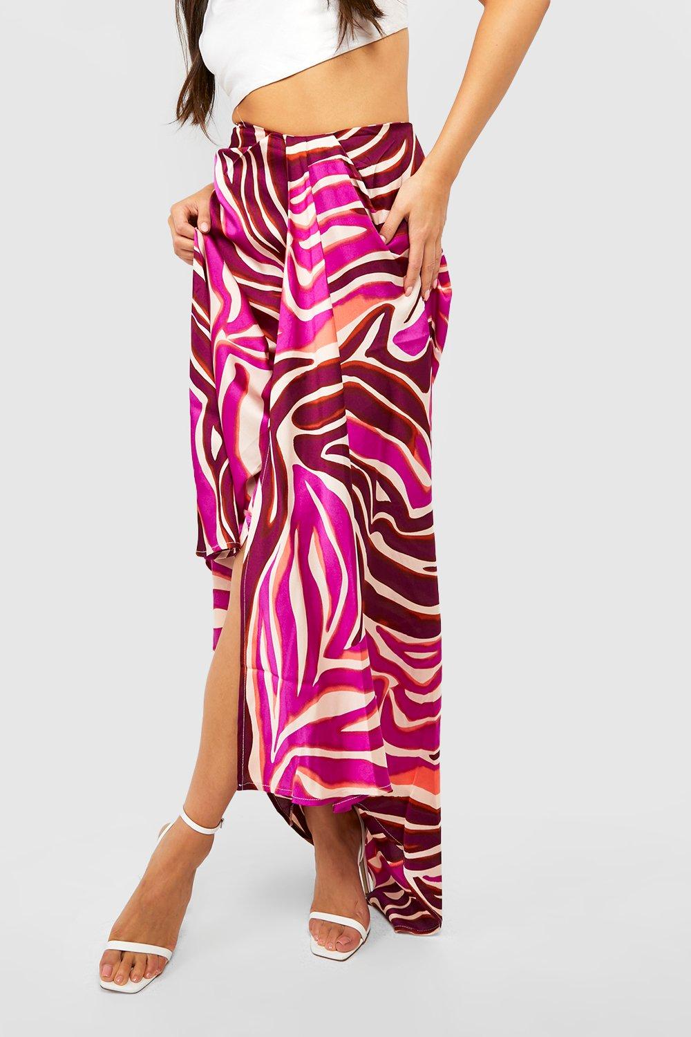 Premium Zebra Satin Asymmetric Hem Maxi Skirt boohoo DK