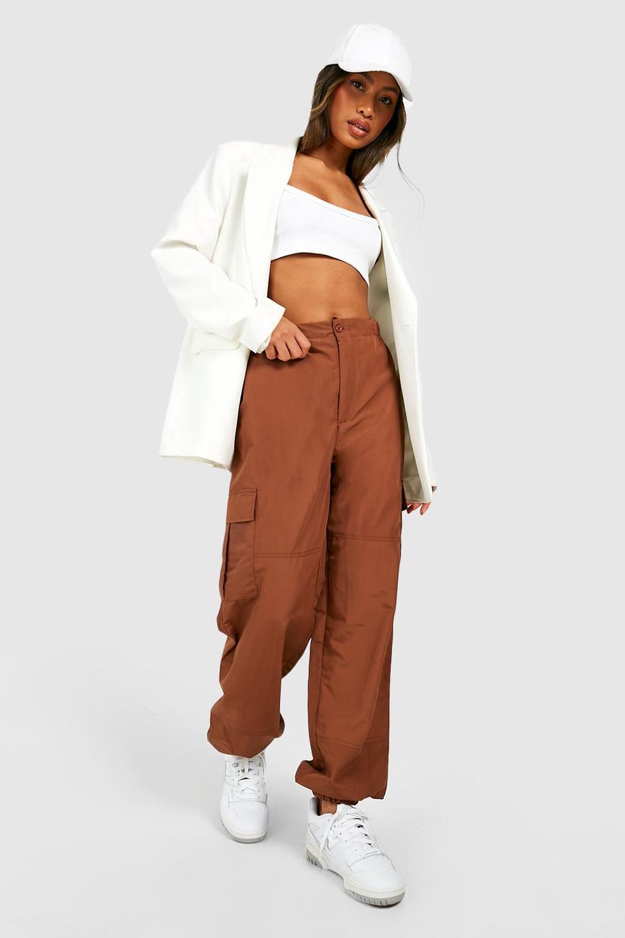 Chocolate brown High Waisted Elasticated Waist Cargo Track Pants image number 1