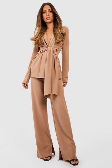 Basic Jersey Side Split Straight Leg Trousers camel