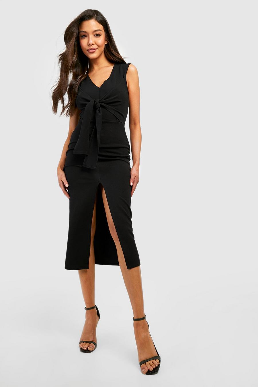 Black Tie Front Crepe Tailored Midi Dress image number 1