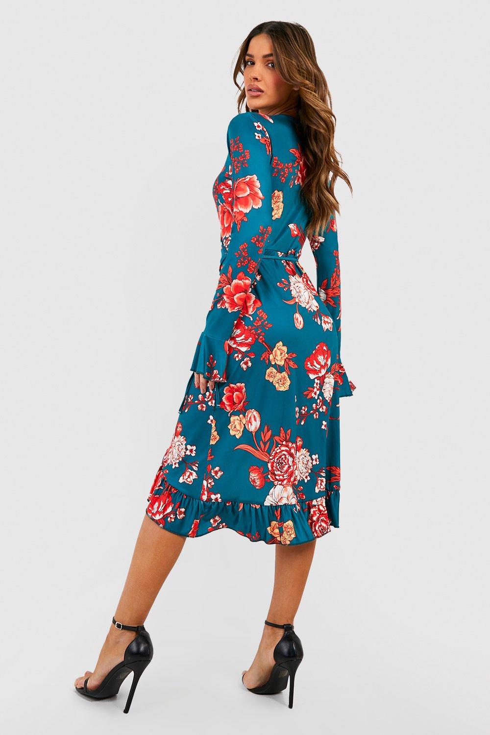 Boohoo ruffle wrap midi dress sales in floral