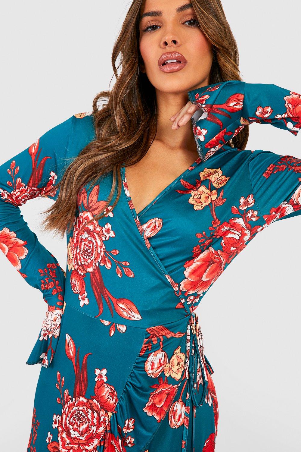 Boohoo ruffle wrap midi dress in floral hotsell