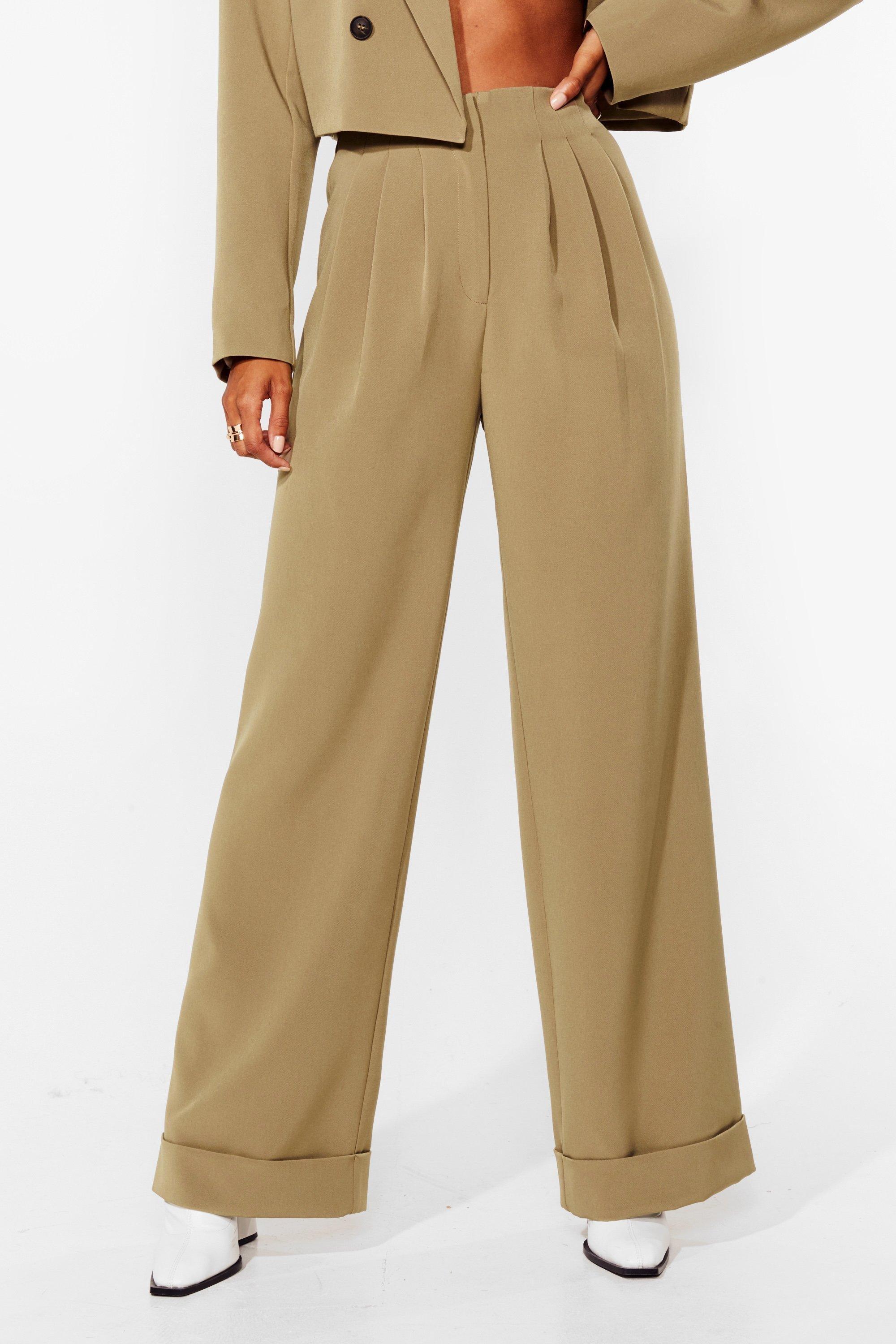 High Waisted Turn Up Hem Wide Leg Pants