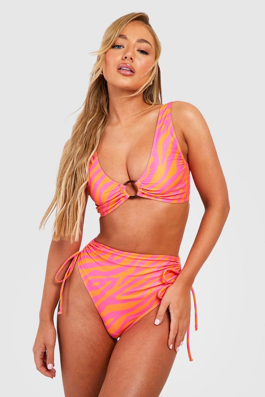 Bright pink Corrigerende Zebraprint Bikini Set Met O-Ring