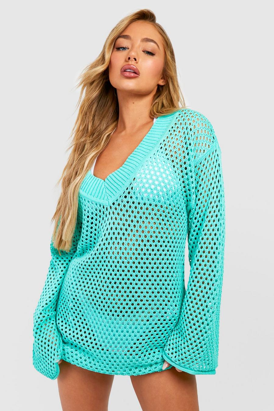 Aqua azul Crochet Plunge Cover Up Beach Dress image number 1