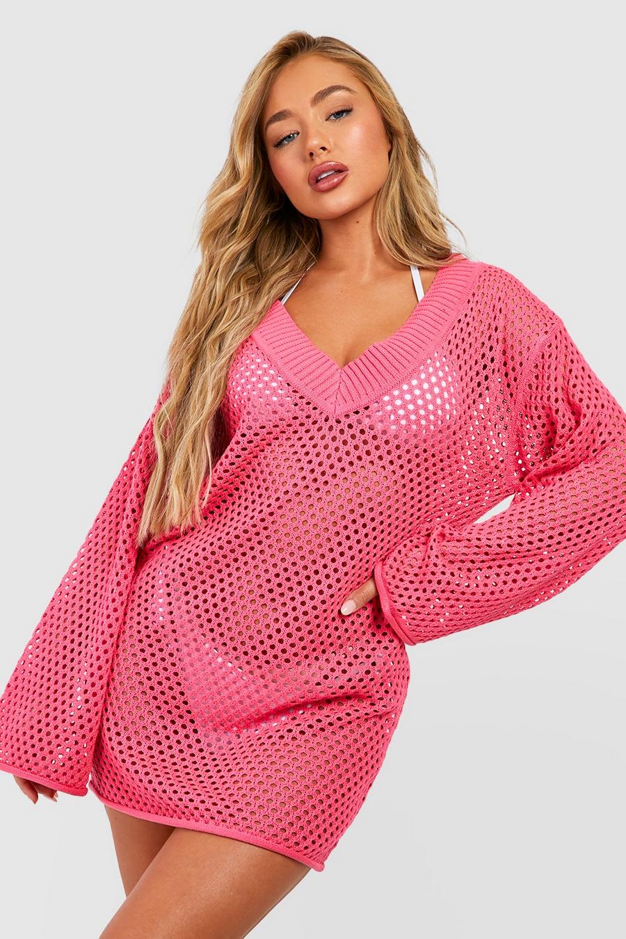 Pink rosa Crochet Plunge Cover Up Beach Dress image number 1