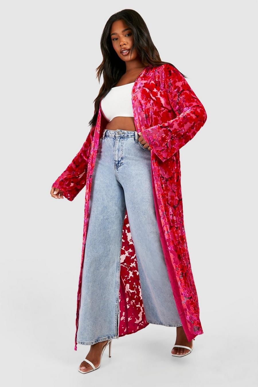 Kimono maxi Plus Size in devoré, Hot pink