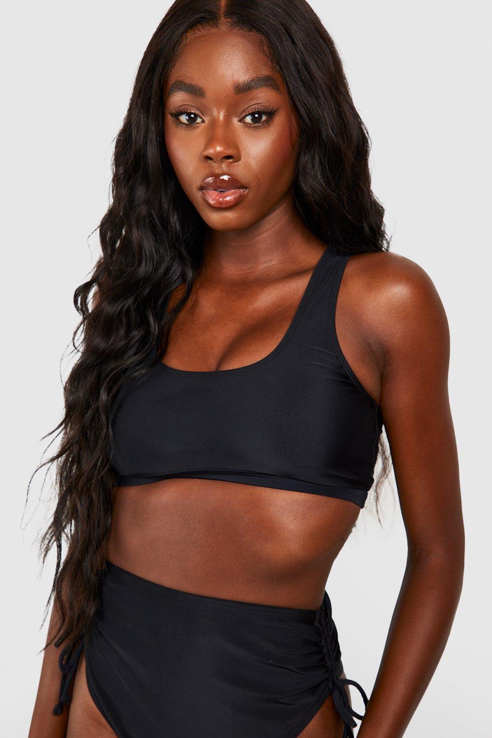  Women Black Sports Bra Bikini Tops Scoop Neck