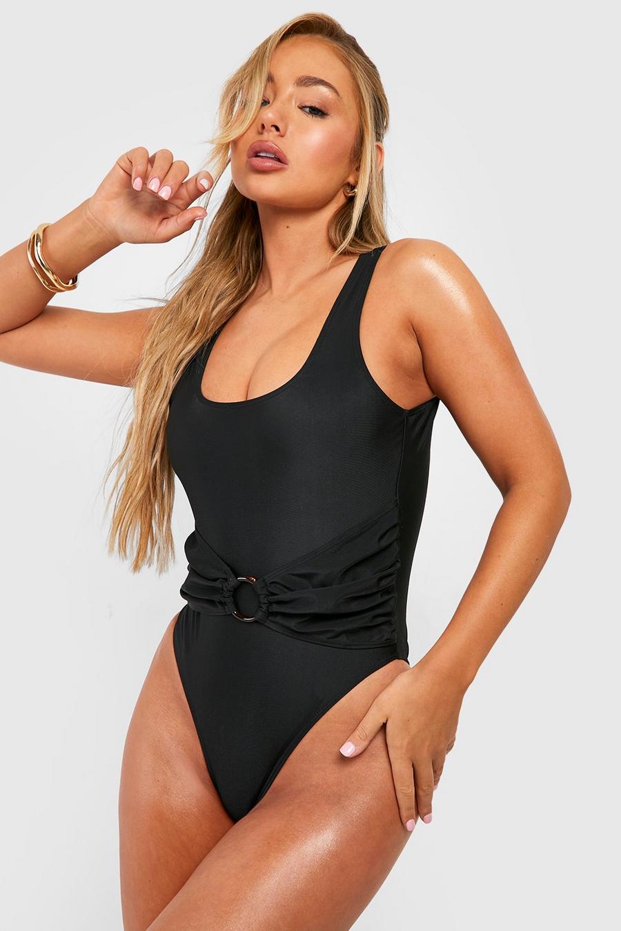 Black Tummy Control O-ring Scoop Swimsuit image number 1