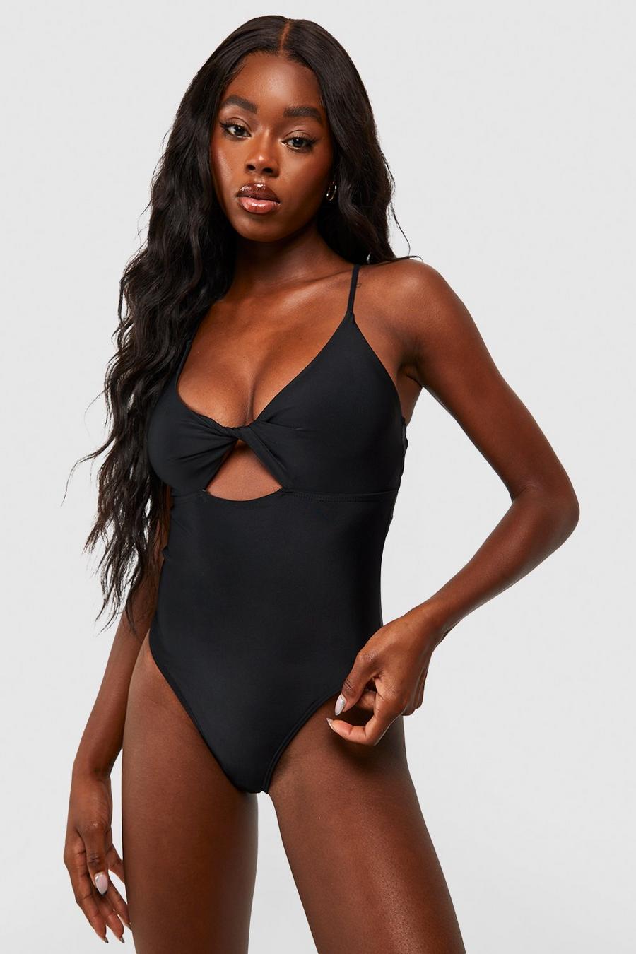 Black Tummy Control Twist Front Swimsuit image number 1