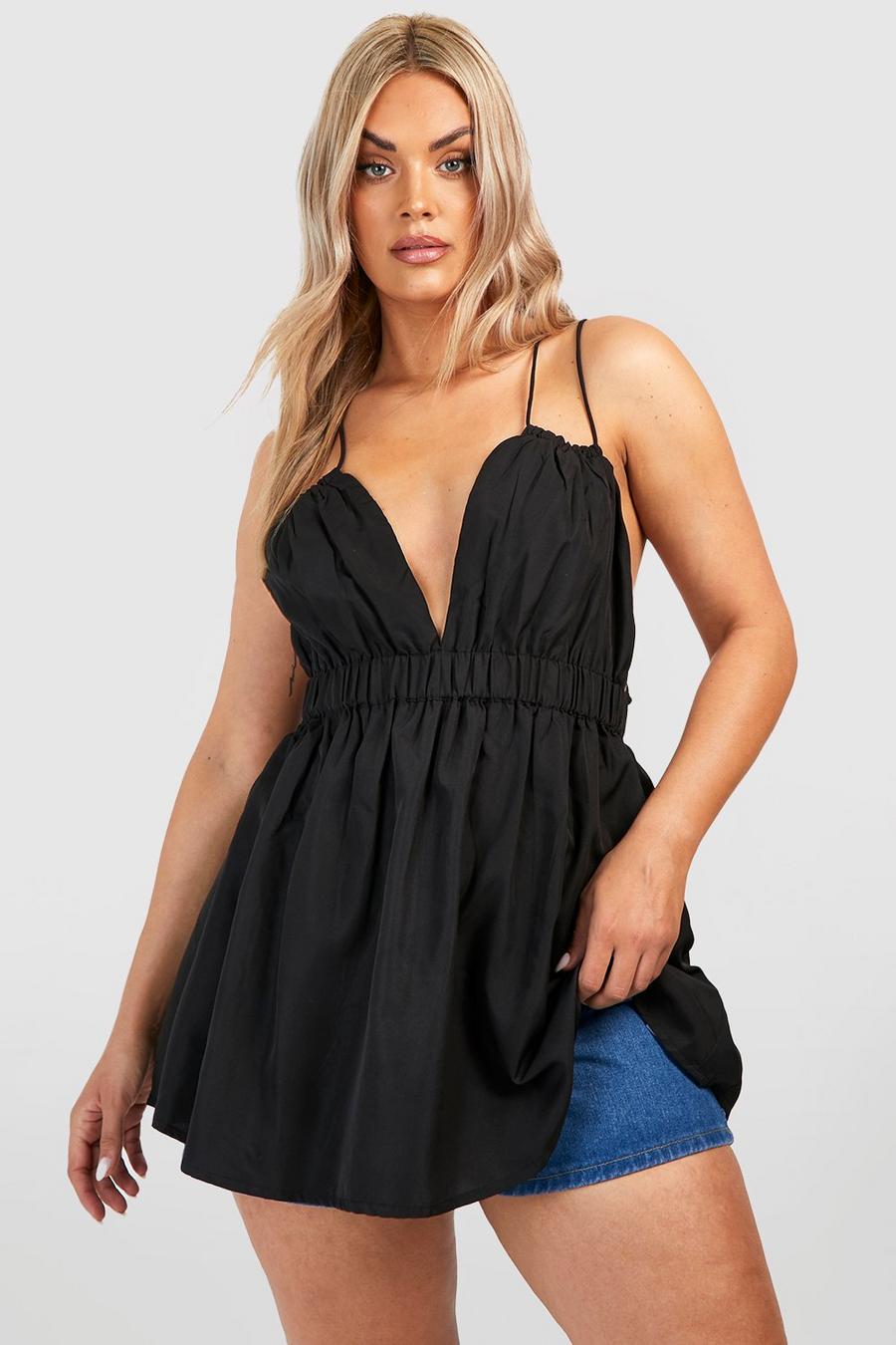 Black Plus Woven Shirred Plunge Cami Top image number 1