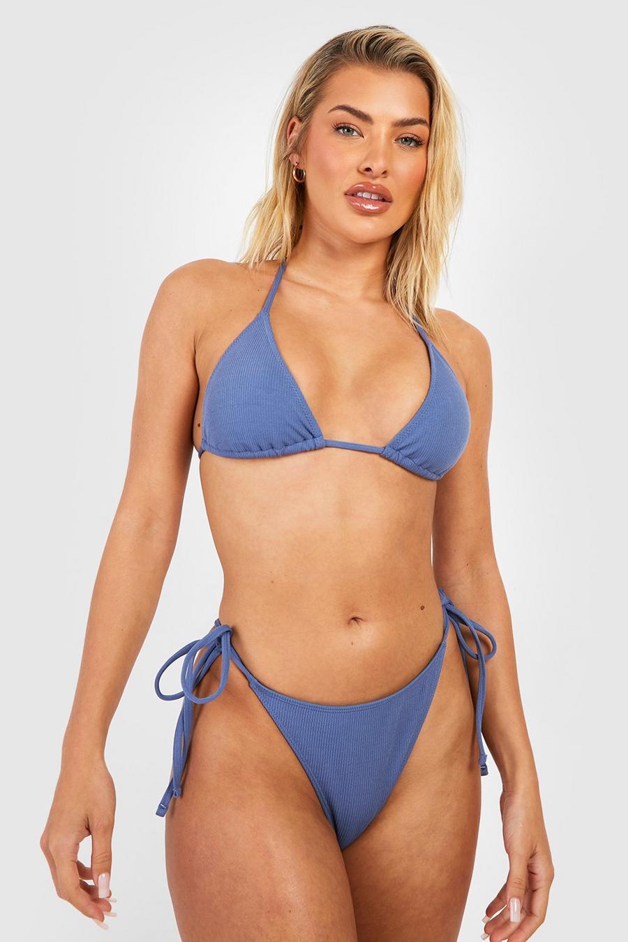 Dusty blue Ribbed Triangle Tie Side Bikini Set image number 1