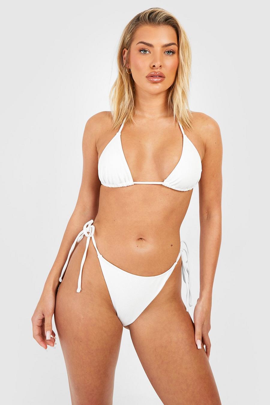 White weiß Ribbed Triangle Tie Side Bikini Set