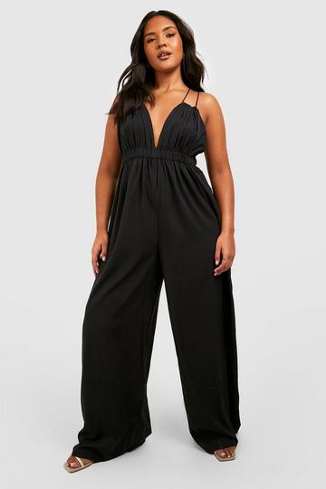 Black Plus Woven Plunge Ruffle Wide Leg Jumpsuit