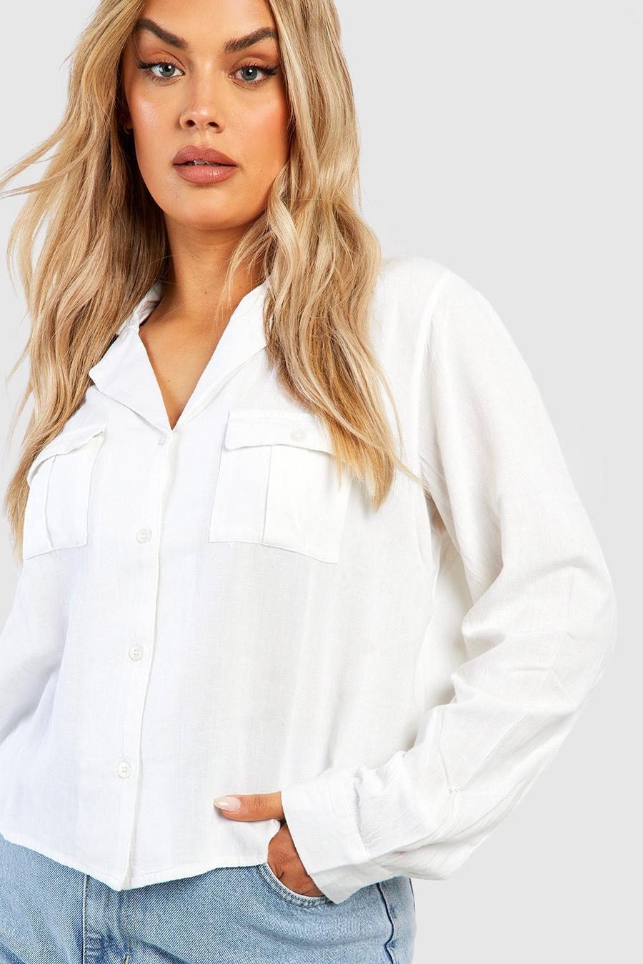 Camisa Plus oversize de lino con bolsillos utilitarios, White
