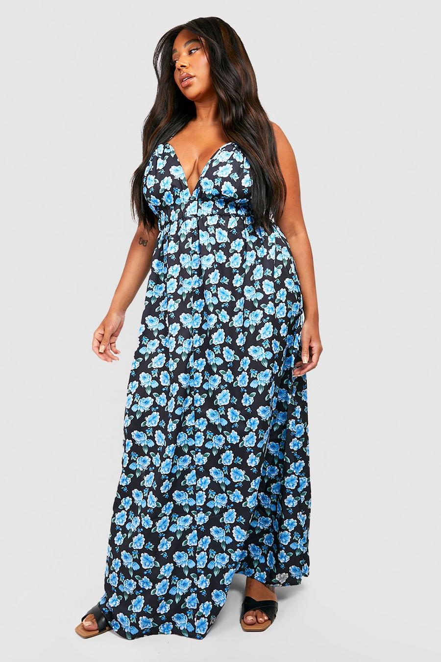Blue azul Plus Floral Strappy Plunge Maxi Dress image number 1