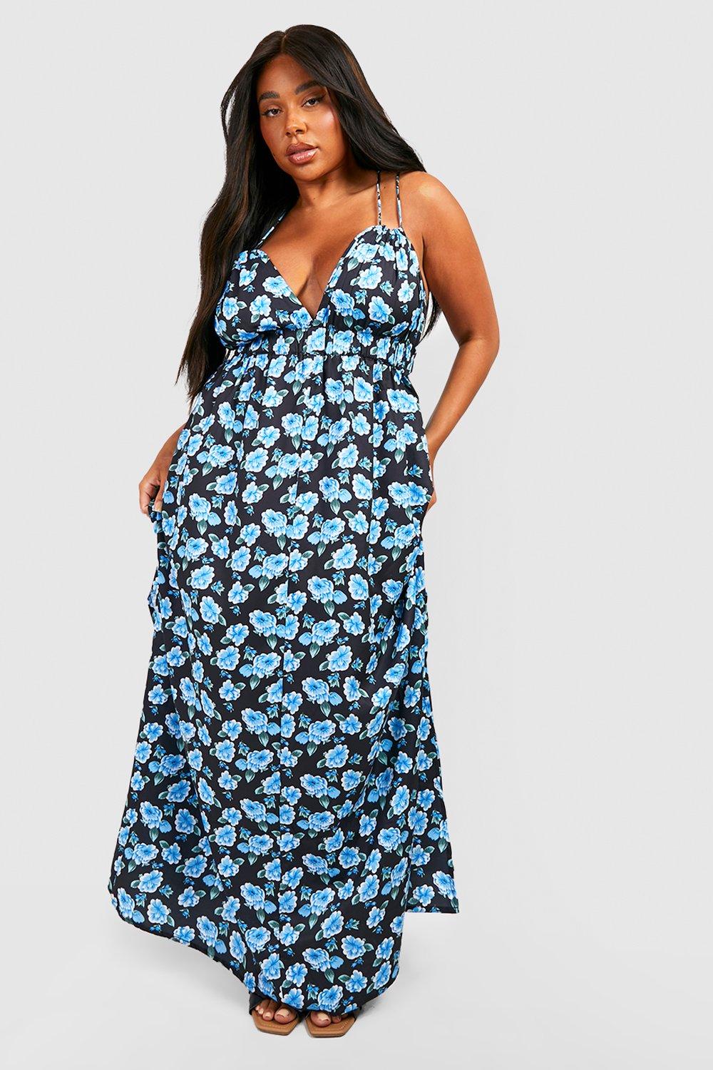 Women s Plus Floral Strappy Plunge Maxi Dress Boohoo UK