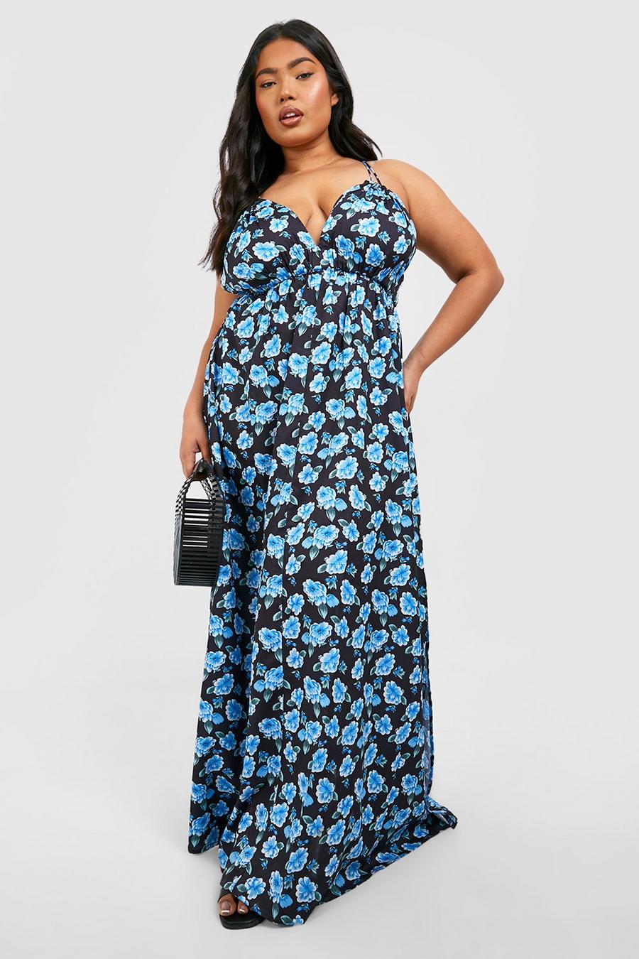 Blue Plus Floral Strappy Plunge Maxi Dress image number 1