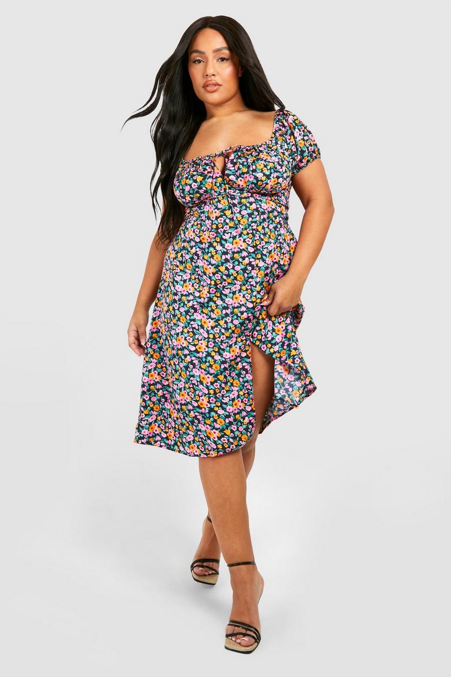 Black Plus Floral Puff Sleeve Split Midi Dress