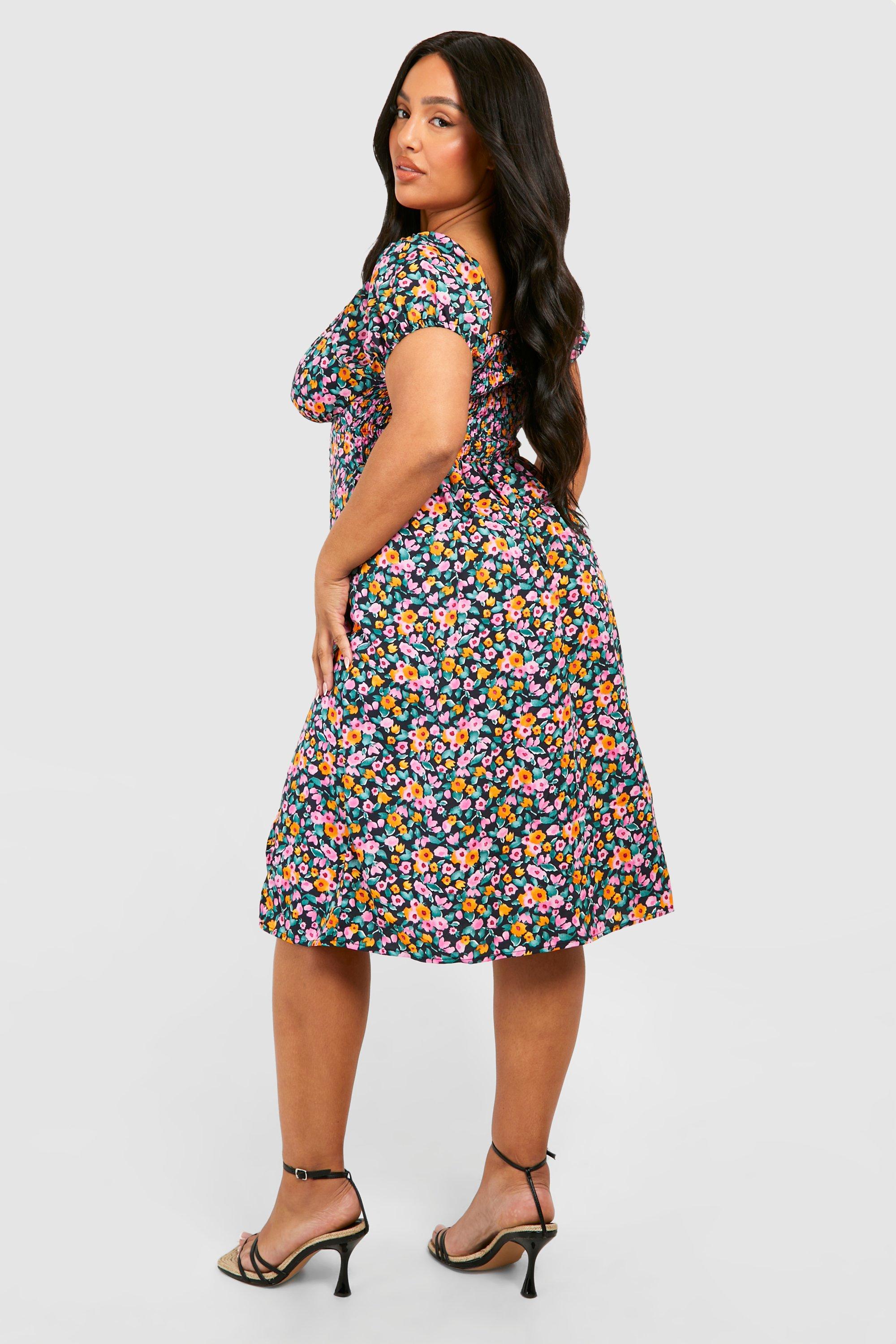 Plus Floral Puff Sleeve Split Midi Dress boohoo