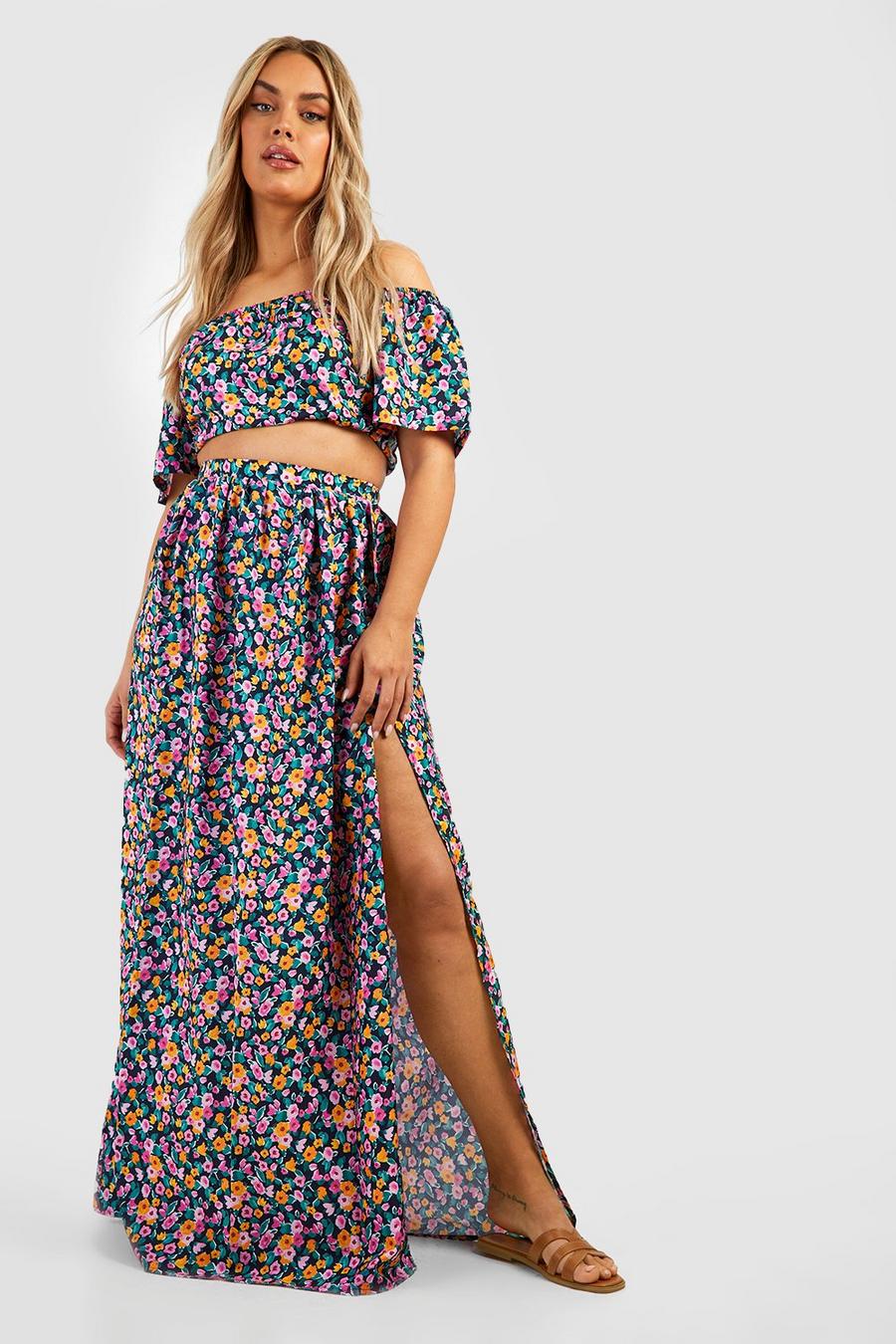 Black Plus Floral Bardot And Skirt Co-ord