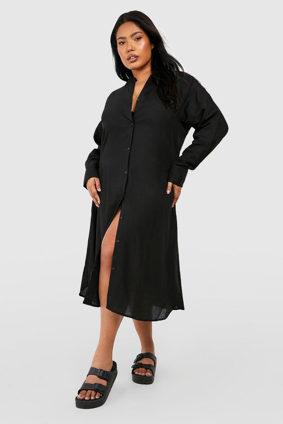 Black Plus Linen Midi Shirt Dress image number 1