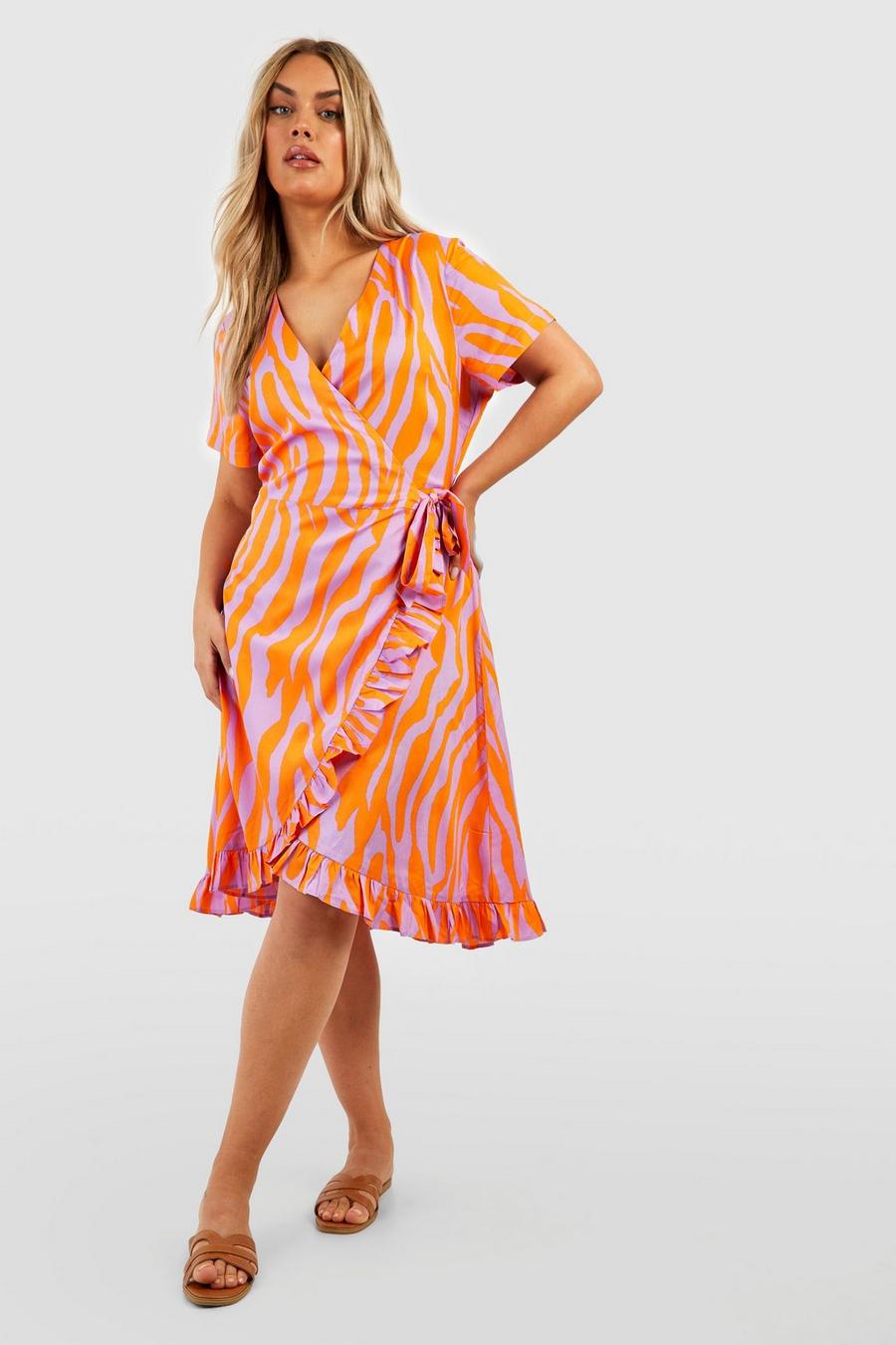 Orange Plus Tiger Print Wrap Midi Dress image number 1
