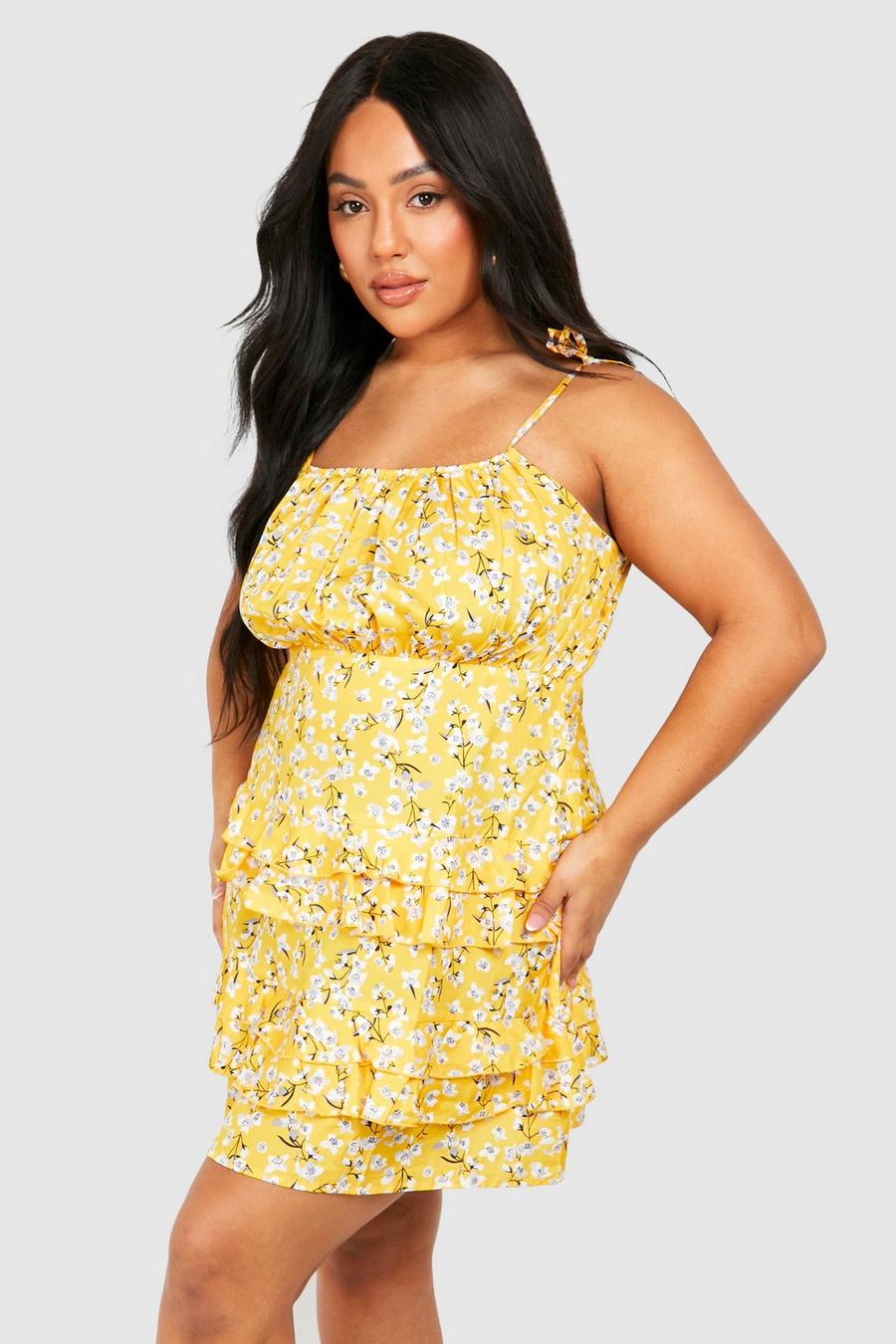 Vestito prendisole Plus Size a fiori piccoli, Yellow amarillo image number 1