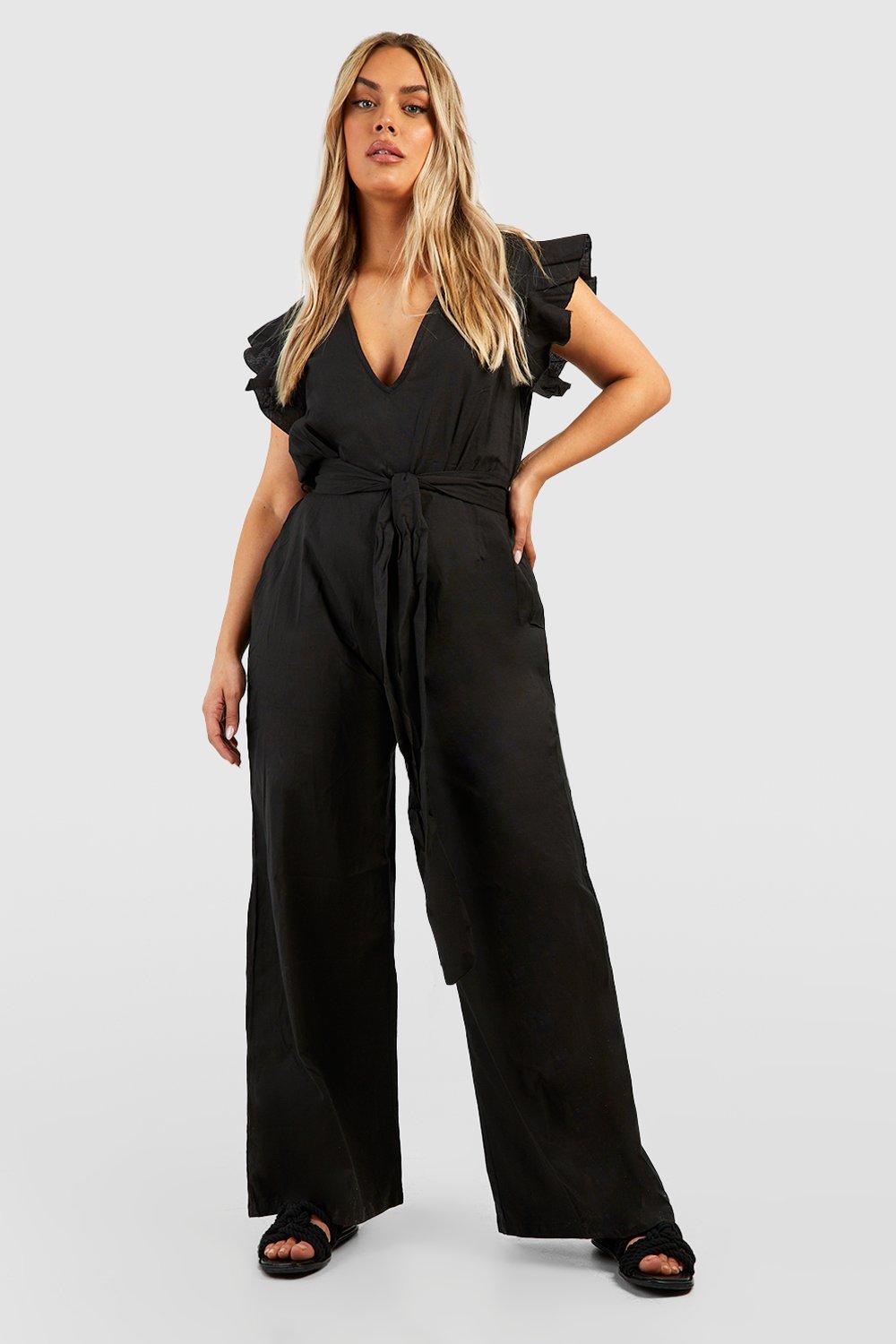 Plus Linen Look Plunge Ruffle Sleeve Jumpsuit