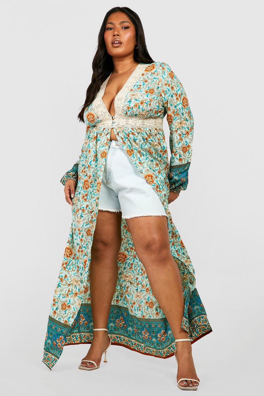 Grande taille - Kimono fleuri en crochet, Light blue image number 1