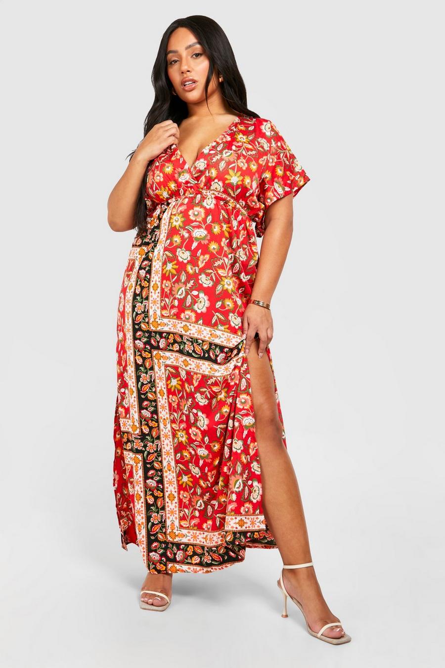 Red Plus Contrast Paisley Angel Sleeve Maxi Dress