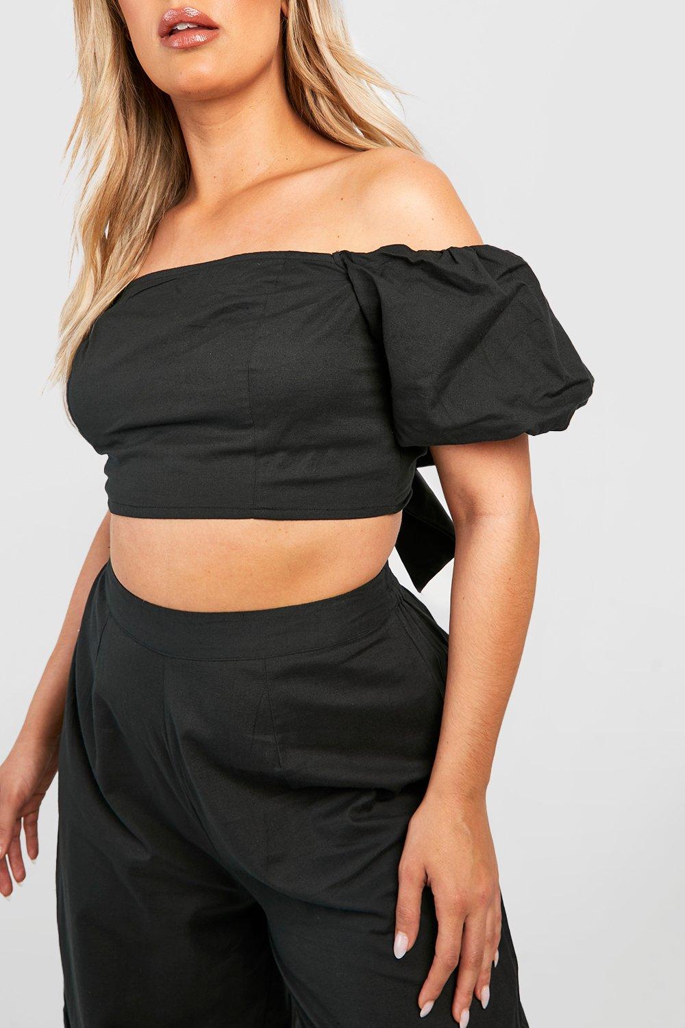 Plus Cotton Off Shoulder Top & Pants Two-Piece