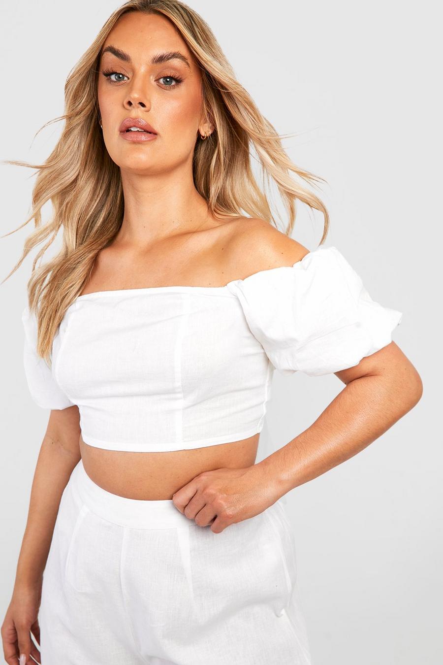 Plus Cotton Off Shoulder Top & Trouser Co Ord, White bianco image number 1