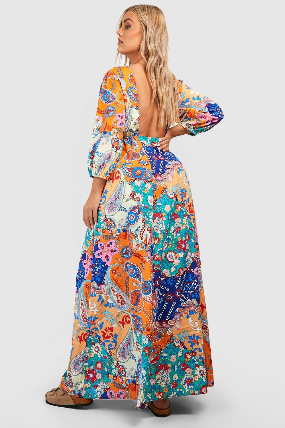 Plus Mixed Print Open Back Maxi Dress