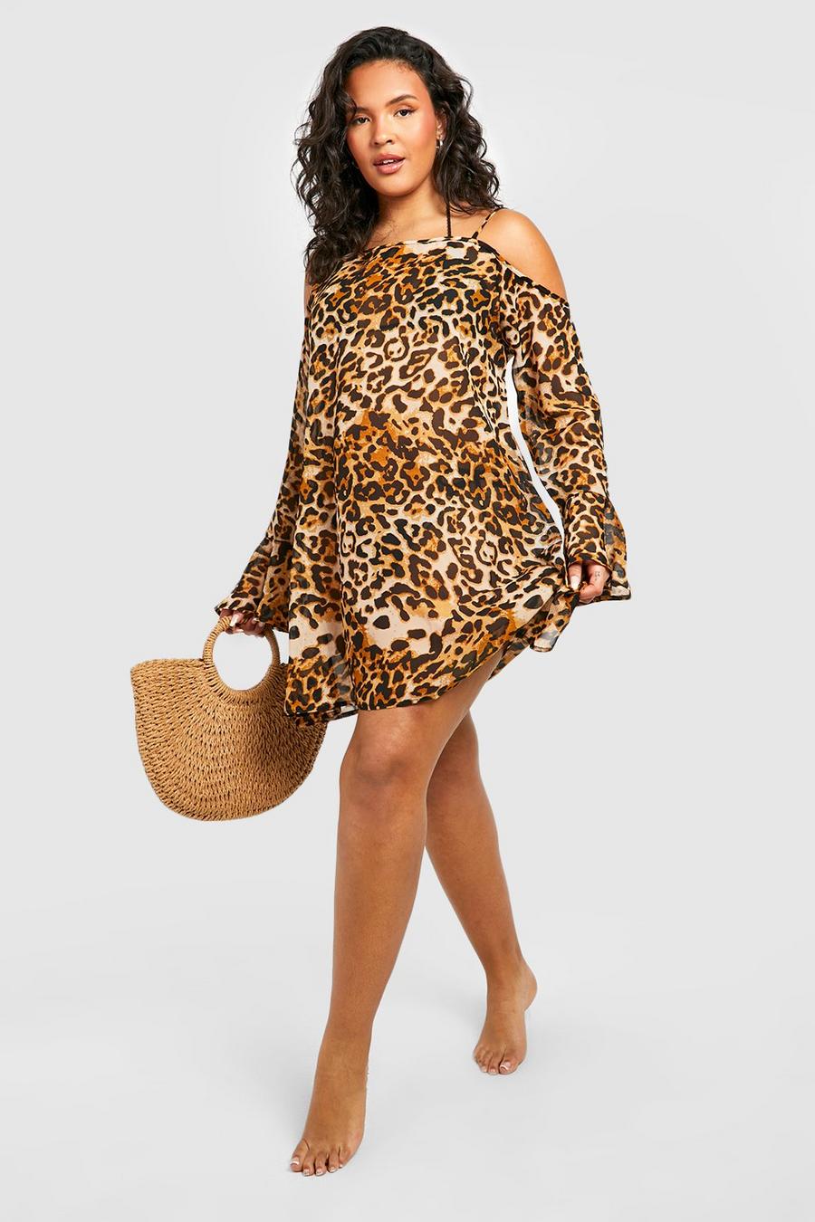 Brown Plus Leopardmönstrad strandklänning i swingmodell image number 1