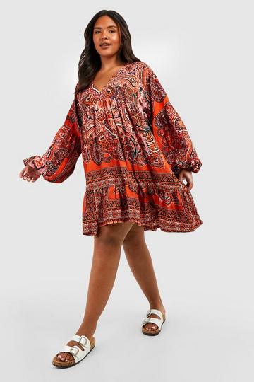 Rust Orange Plus Scarf Print Oversized Smock Dress