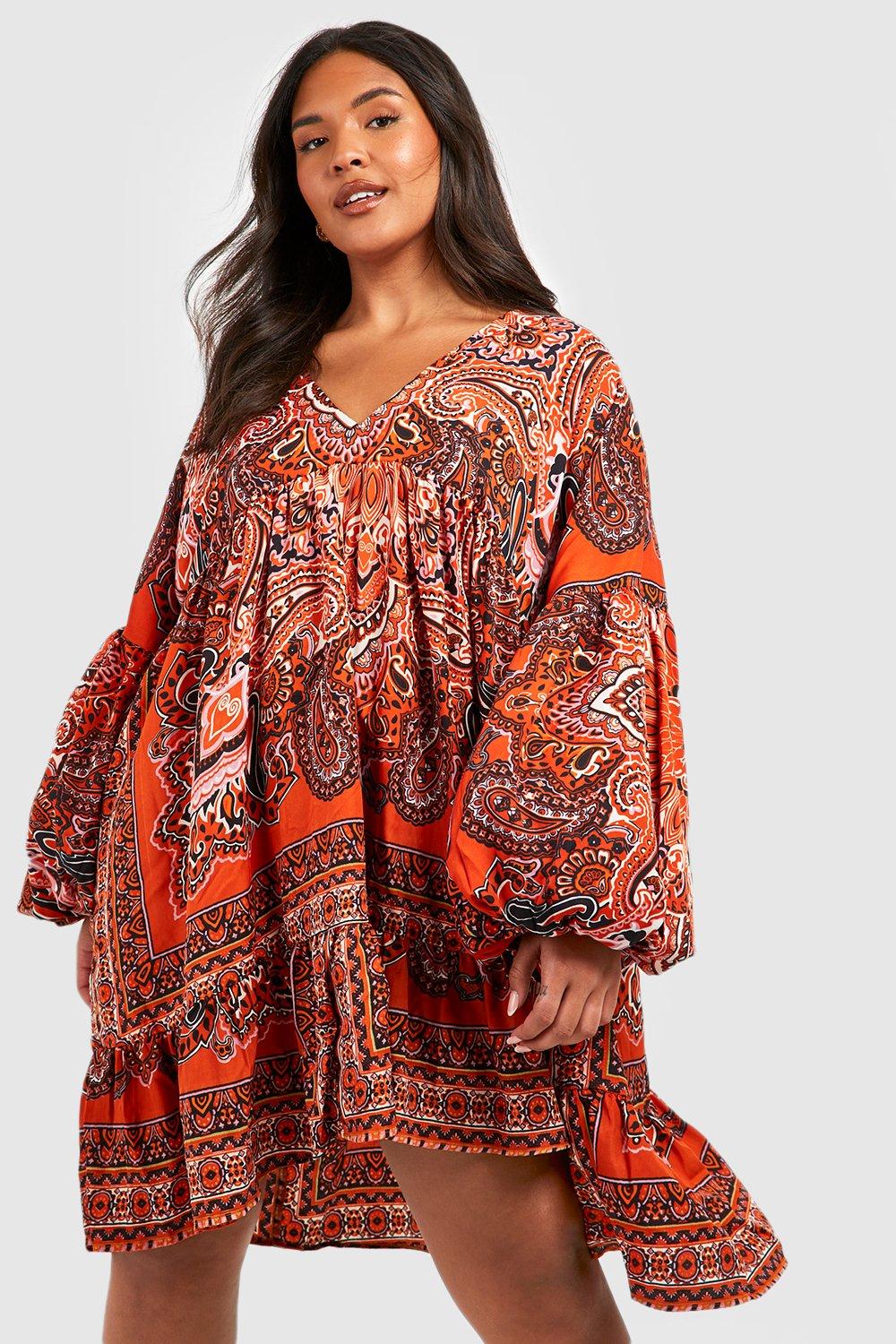 Women's Plus Scarf Print Oversized Smock Dress