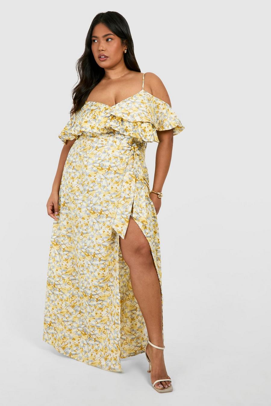 Yellow gul Plus Woven Floral Cold Shoulder Maxi Dress image number 1