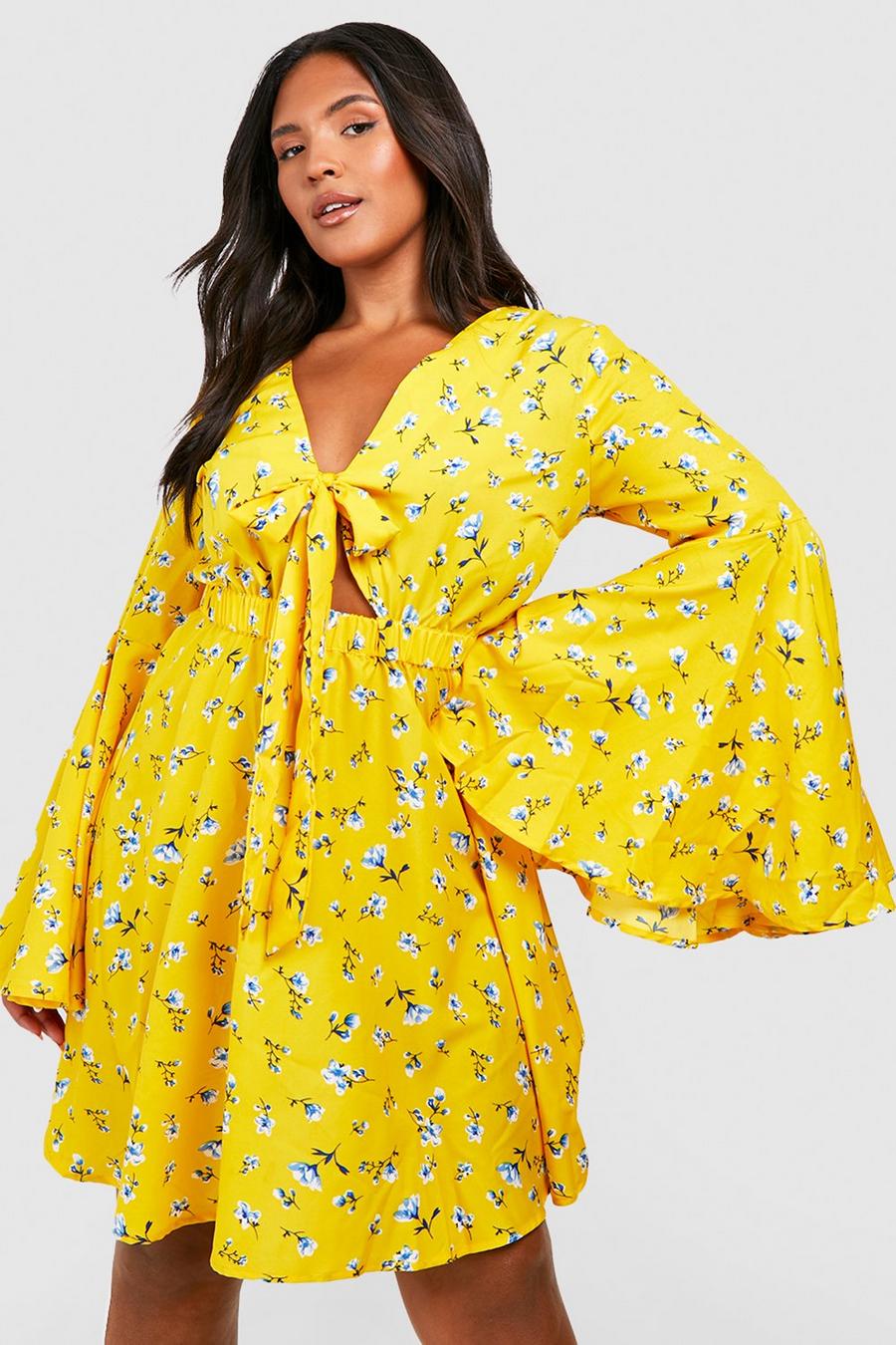 Plus florales Skater-Kleid mit Knoten vorne, Yellow image number 1
