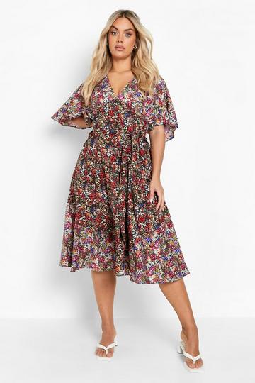 Plus Mixed Floral Panelled Midi Dress purple