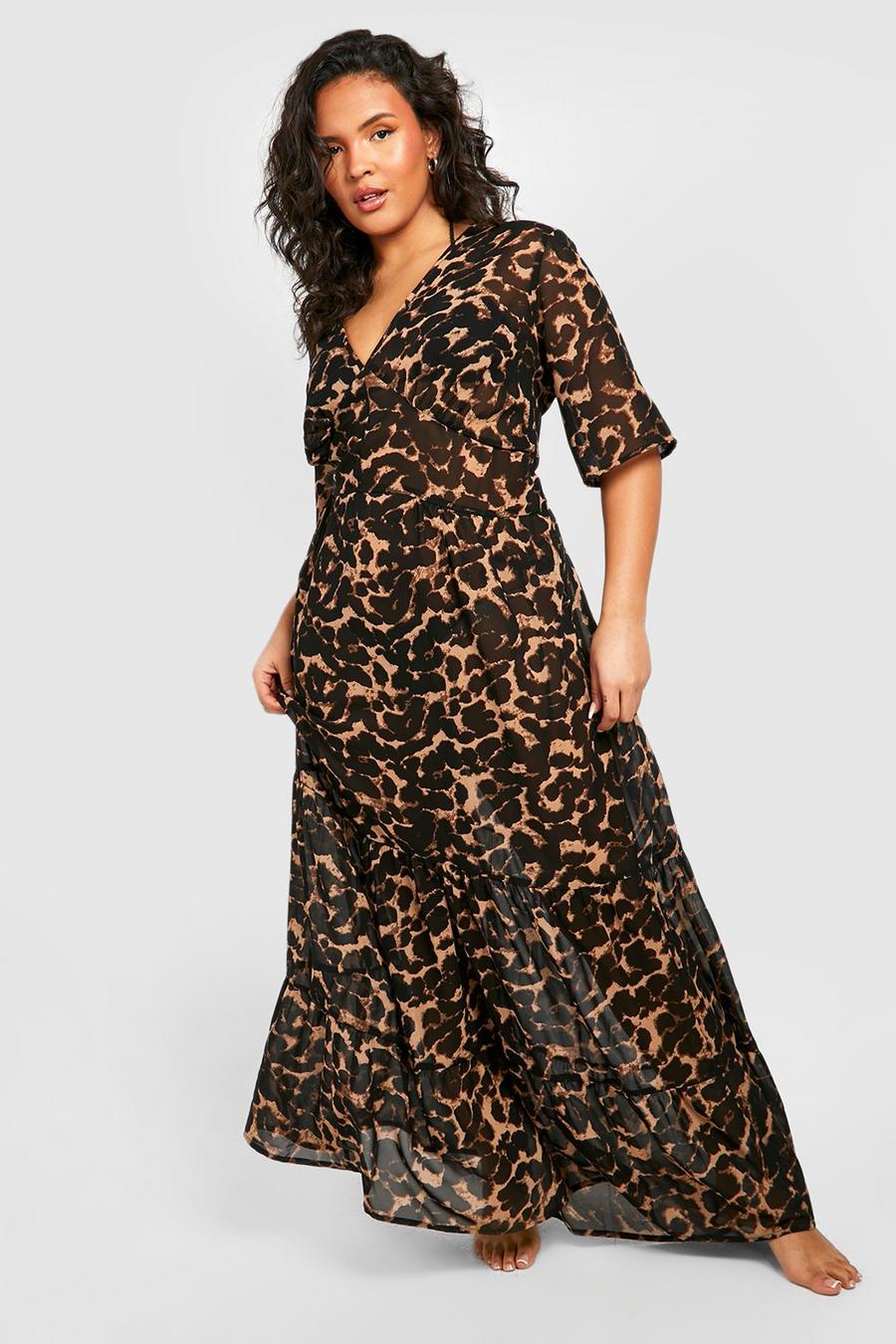 Brown marrone Plus Leopard Ruffle Beach Midi Dress image number 1