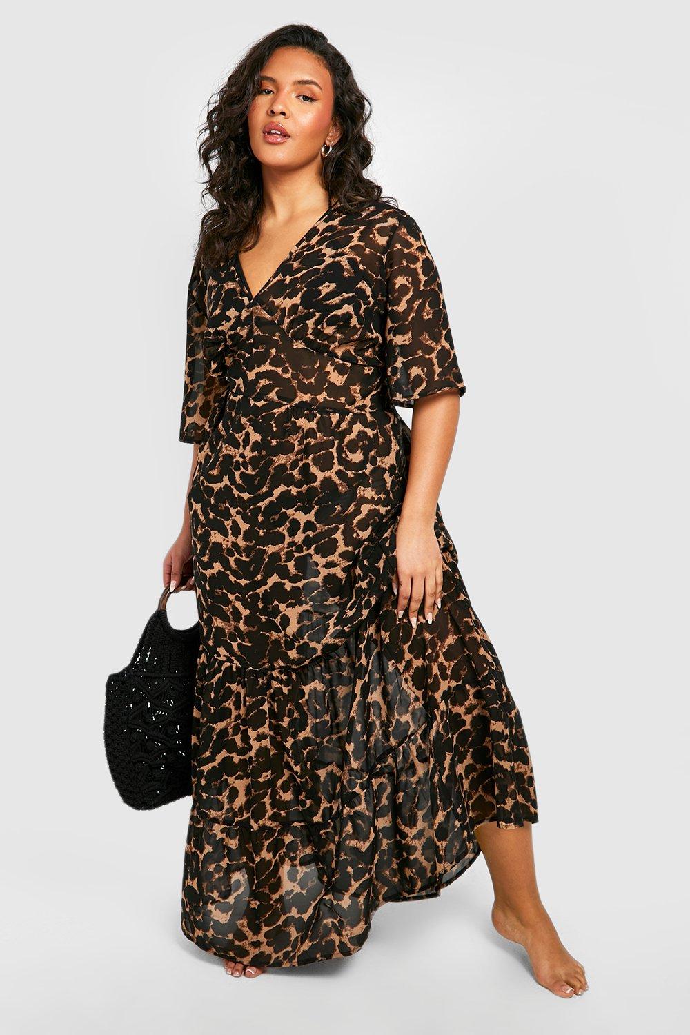 Women s Plus Leopard Ruffle Beach Midi Dress Boohoo UK