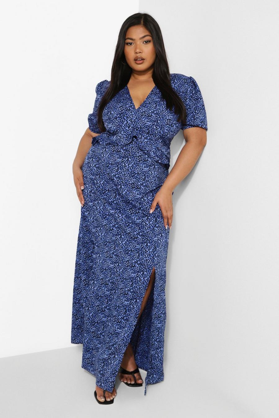 Blue Plus Printed Ruffle Maxi Dress image number 1