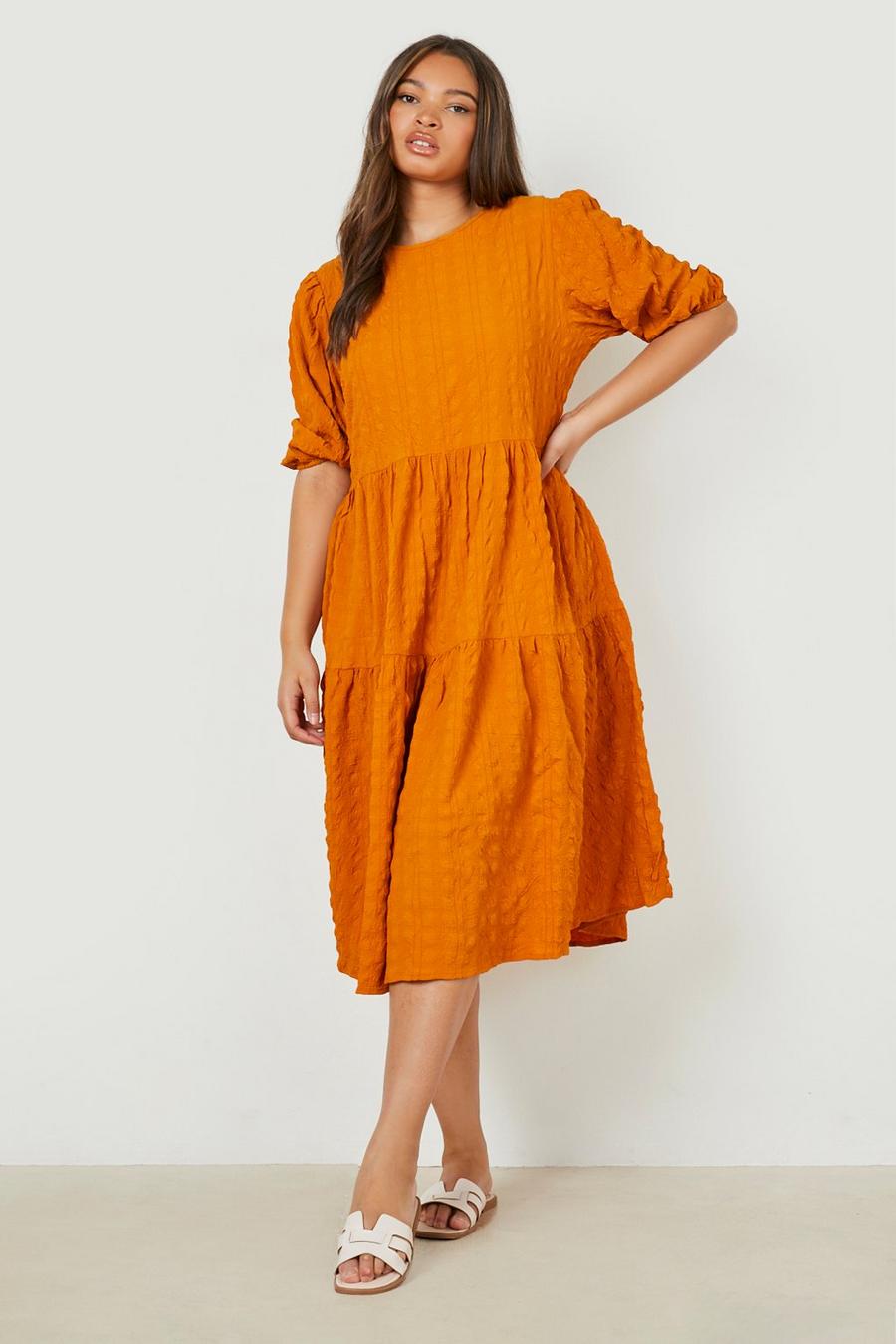 Mustard Plus Textured Puff Sleeve Tiered Smock Dress image number 1