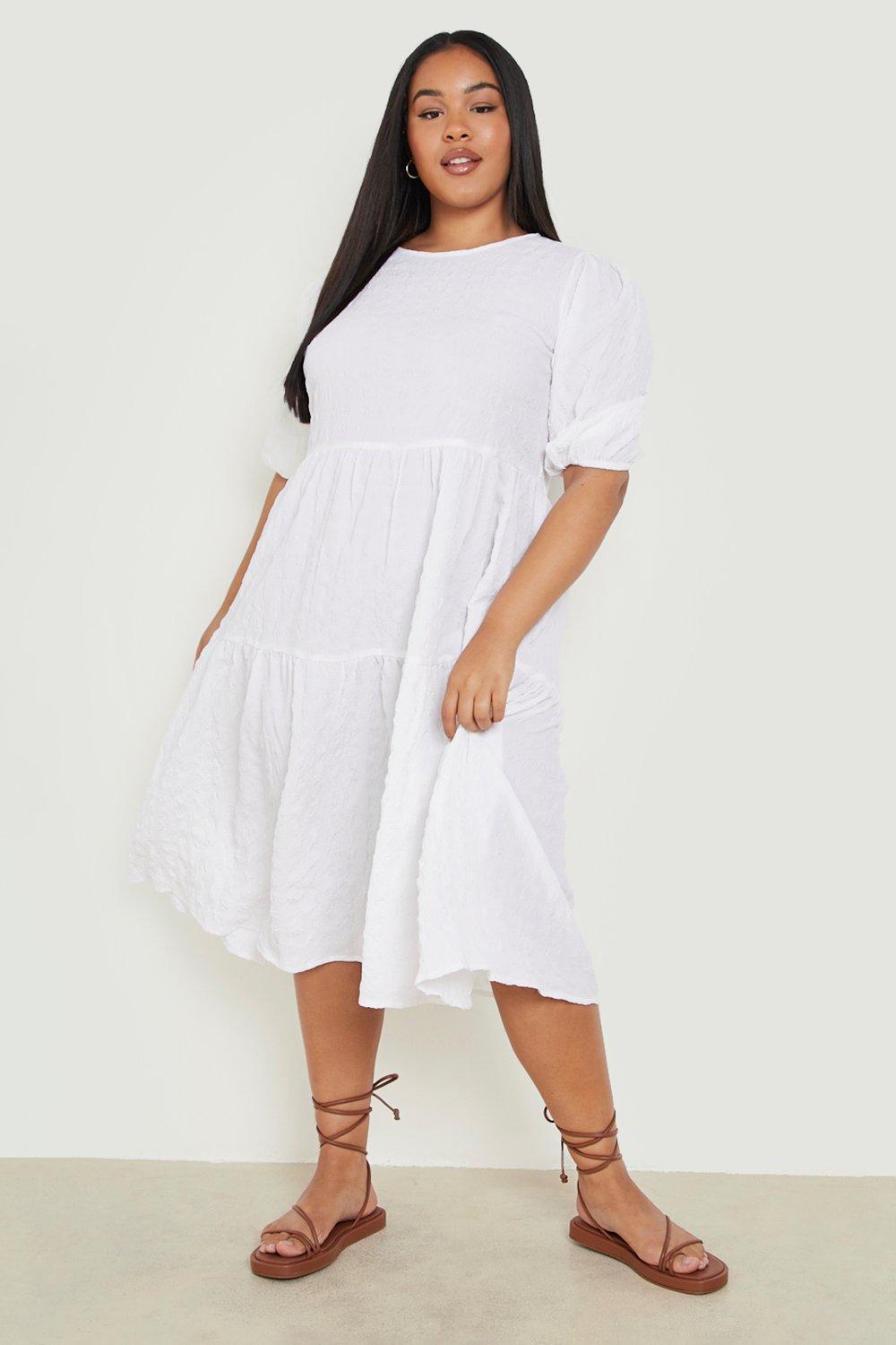 Women's Plus Textured Puff Sleeve Tiered Smock Dress