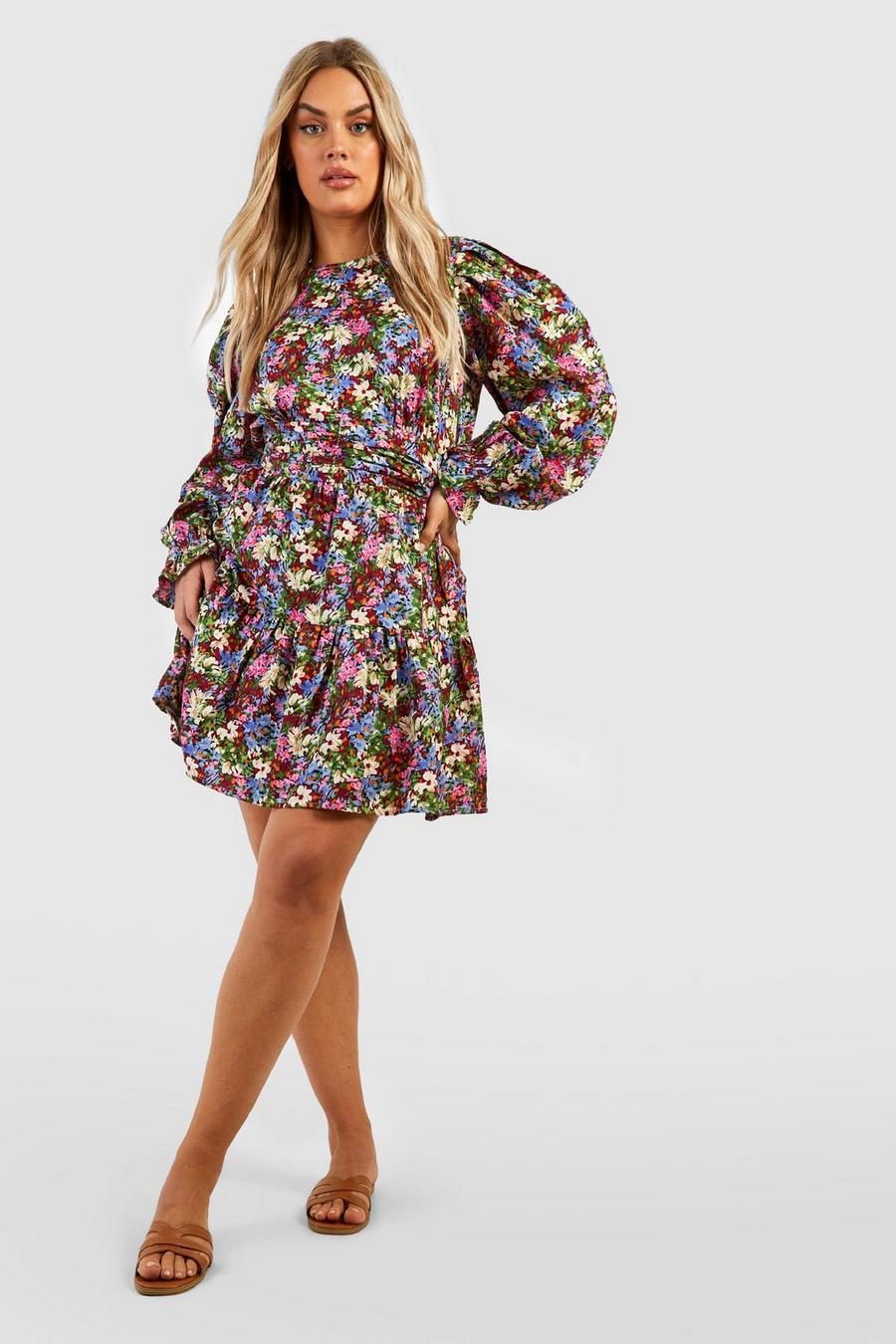 Berry rojo Plus Woven Puff Sleeve Floral Skater Dress