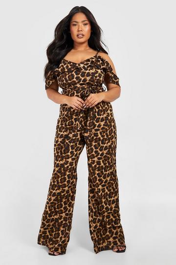 Leopard Multi Plus Woven Frill Cold Shoulder Jumpsuit