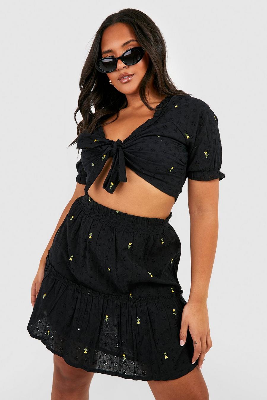 Black Plus Broderie Tie Front Co-Ord